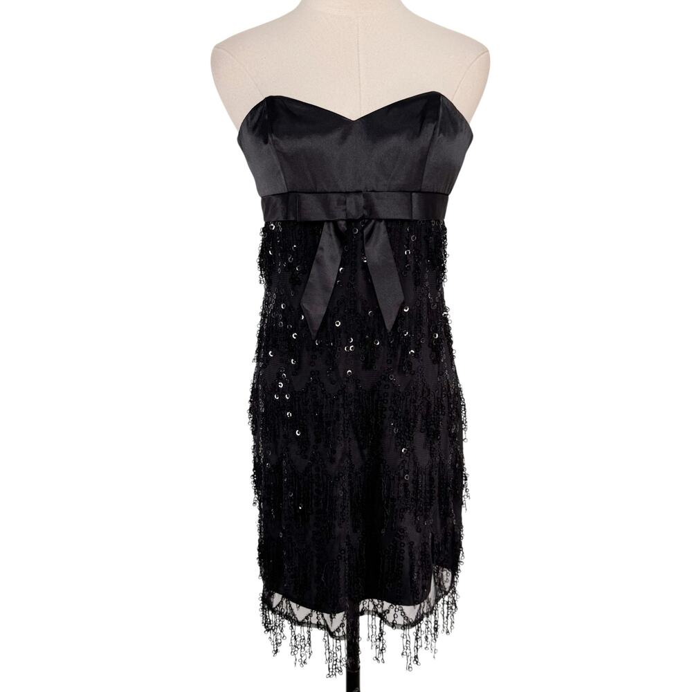 Betsey Johnson Babydoll Sequin Fringe Dress Black Mini Cocktail Party Y2K Size 2